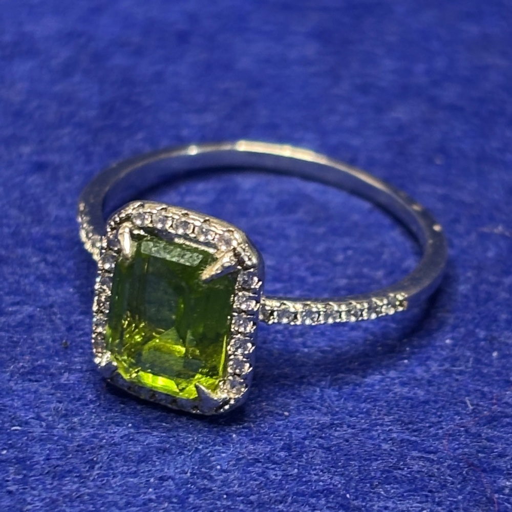 Silver Ring with Peridot Gemstone & Rhinestones